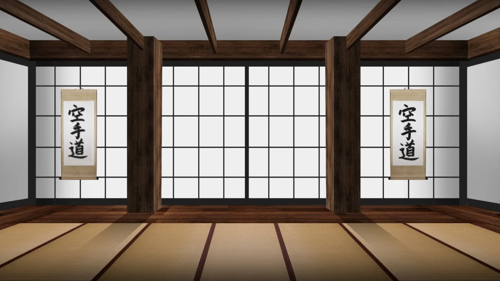 A traditional dojo space with exposed dark wood columns and ceiling beams. The floor is covered in tatami mats, and two karate scrolls hang near the shoji screens.