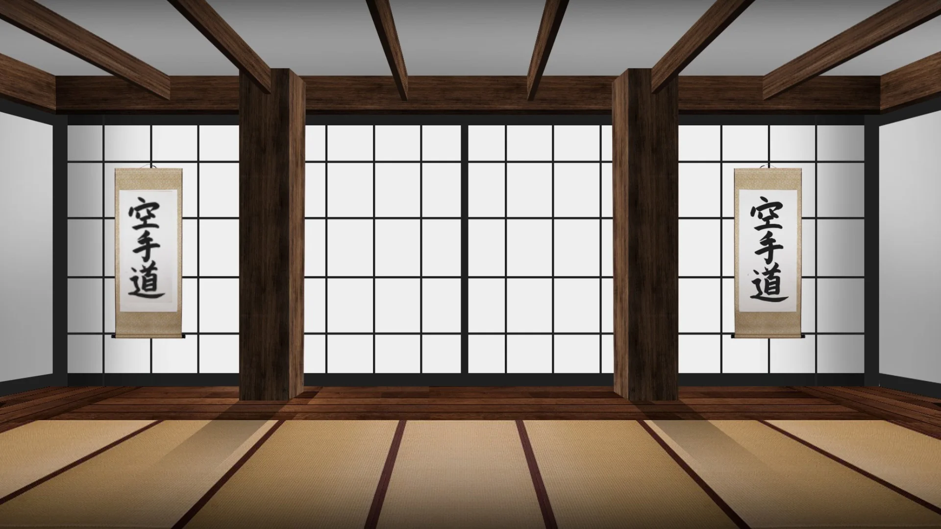 A traditional dojo space with exposed dark wood columns and ceiling beams. The floor is covered in tatami mats, and two karate scrolls hang near the shoji screens.