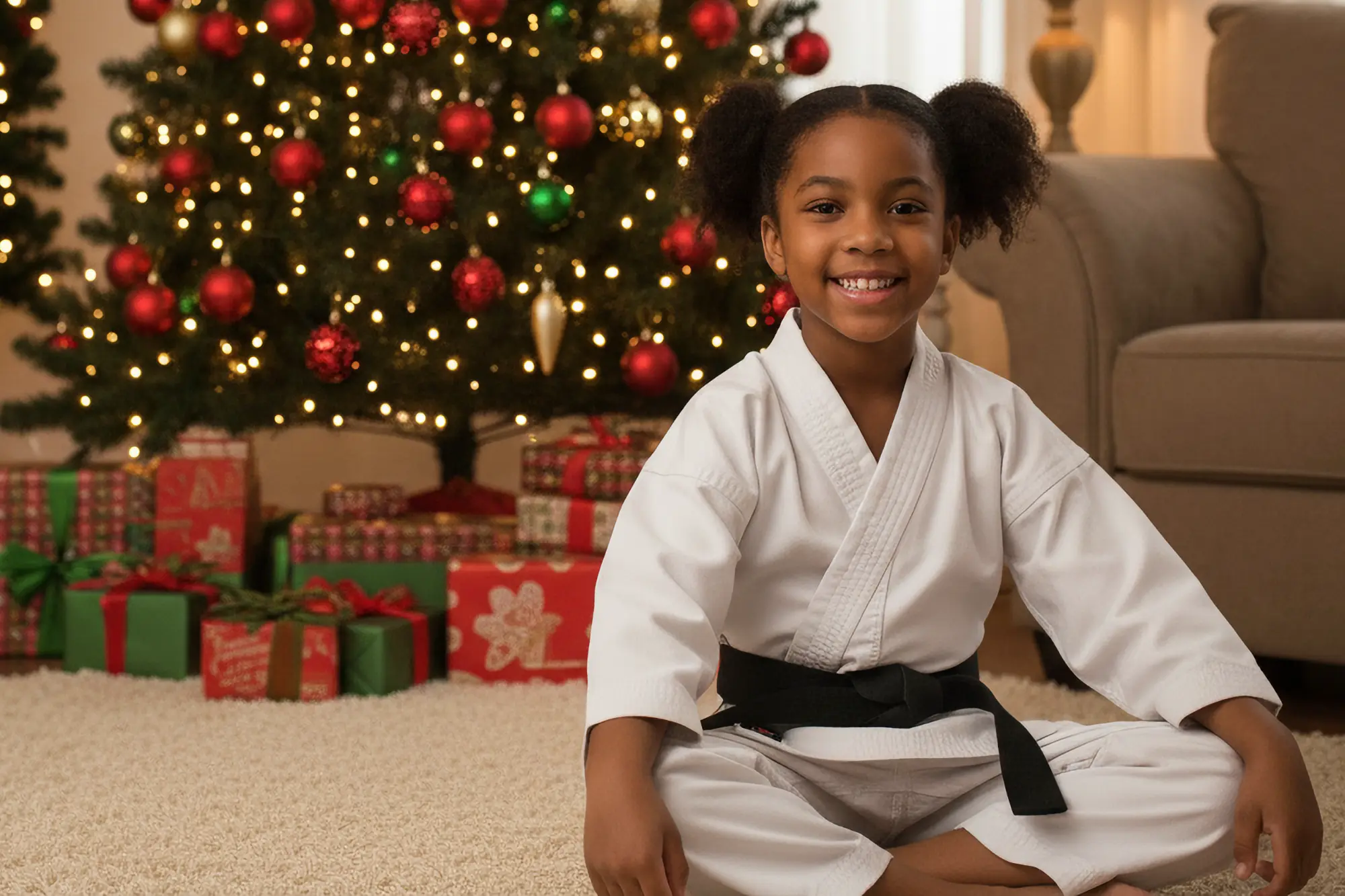 A young girl in a white karate uniform and a black belt sits happily in front of a glowing Christmas tree decorated with ornaments and presents.