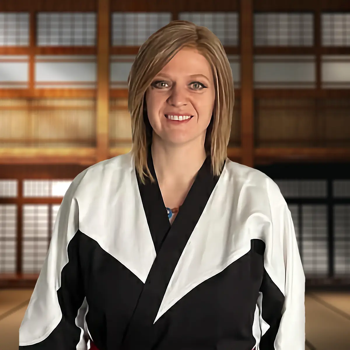 Sensei Katie Randol, smiling, wears a black and white martial arts uniform in a traditional dojo setting.