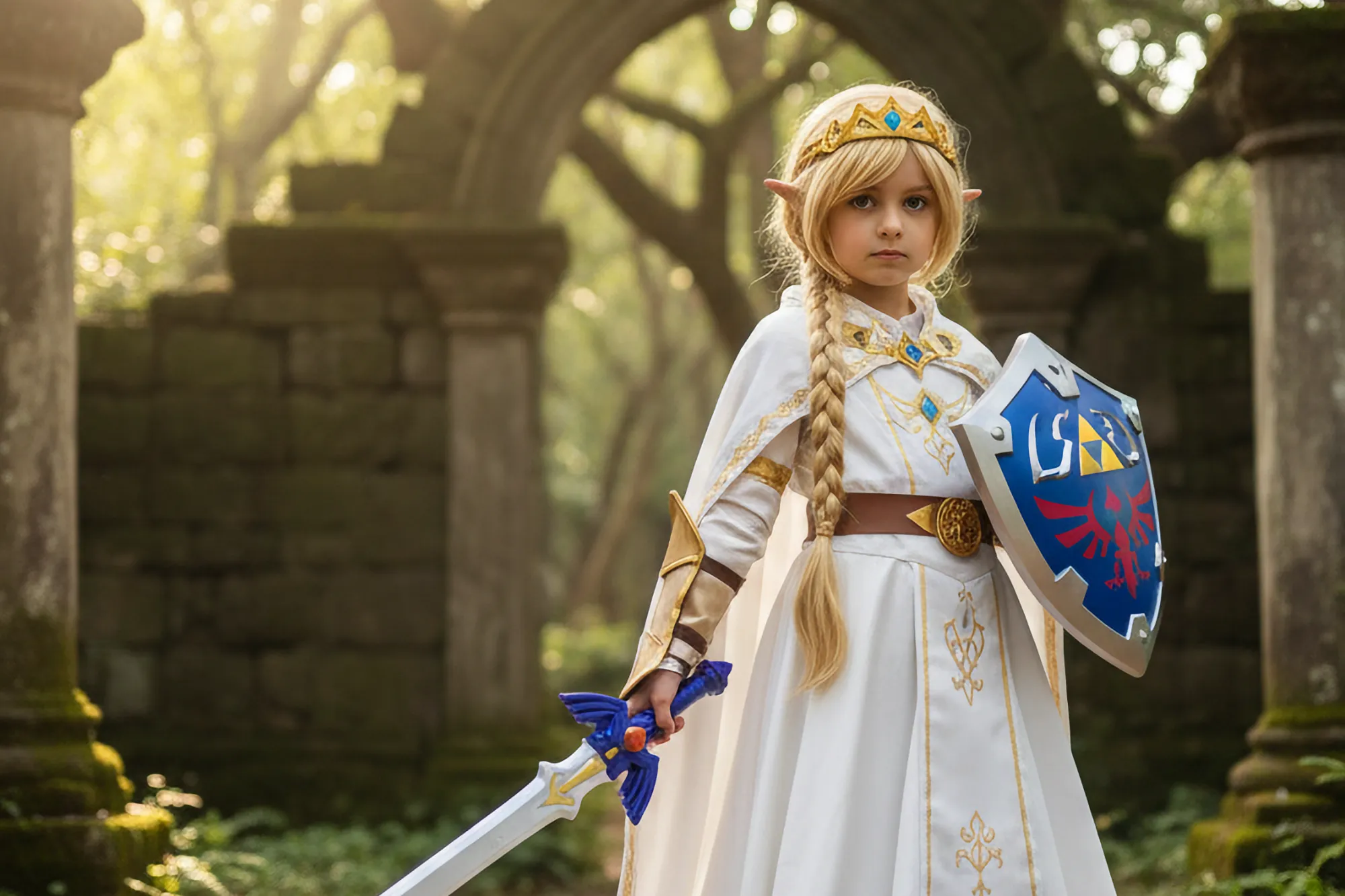 A young child dressed in a white and gold Zelda costume holds a sword and shield with a focused expression. They stand among sunlit, moss-covered ruins.