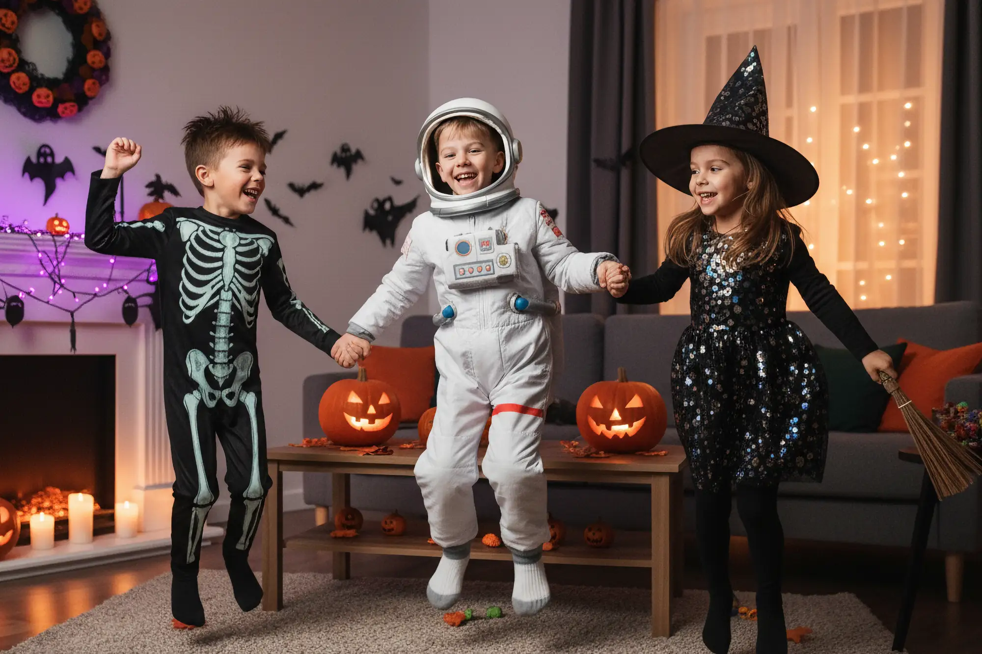 Three joyful children in Halloween costumes—a skeleton, an astronaut, and a witch—hold hands and jump high above jack-o'-lanterns in a festive living room.
