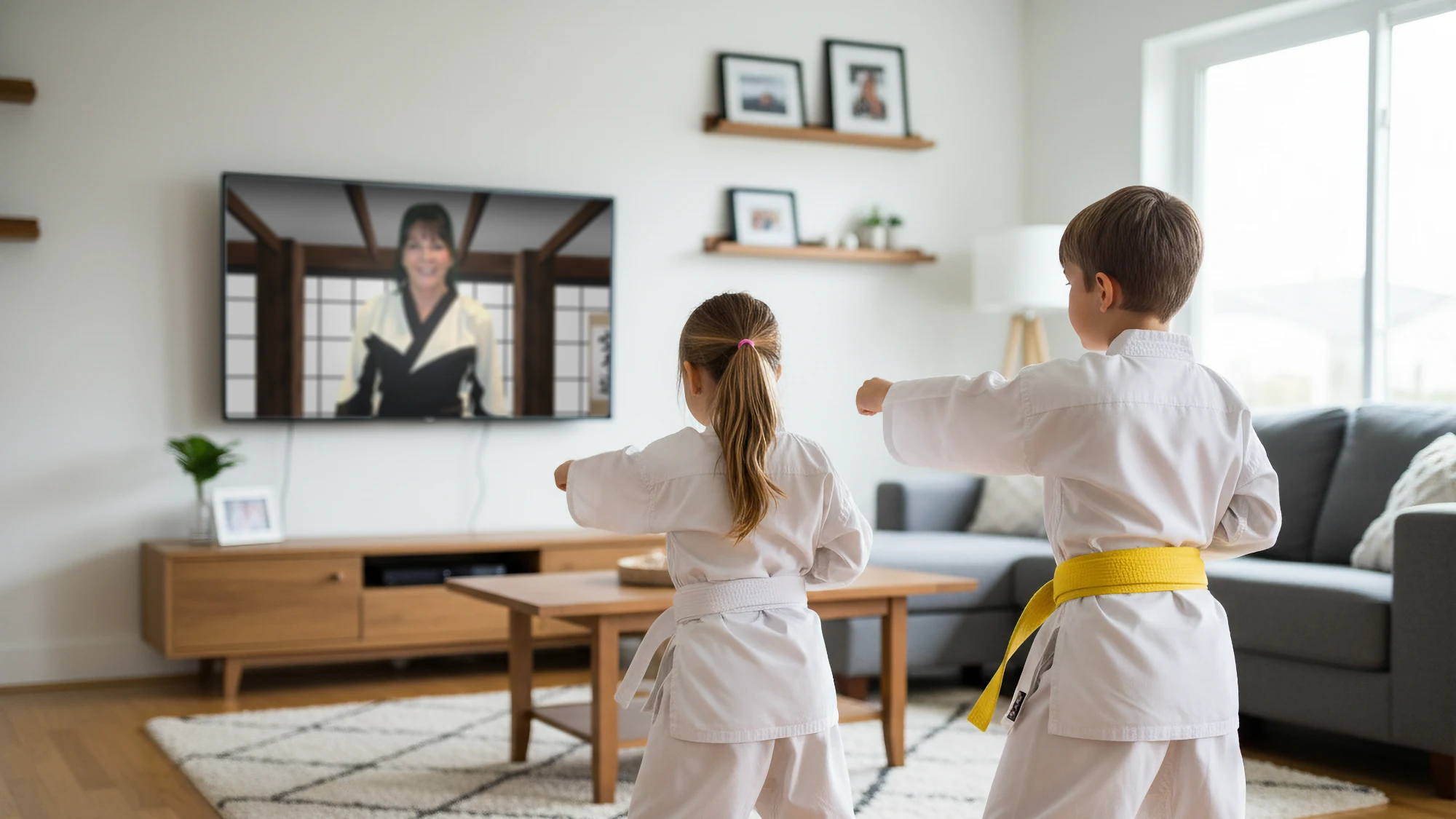 Two children in karate gis practice punches in their living room while watching their instructor, Jan, teach an online class on the television.