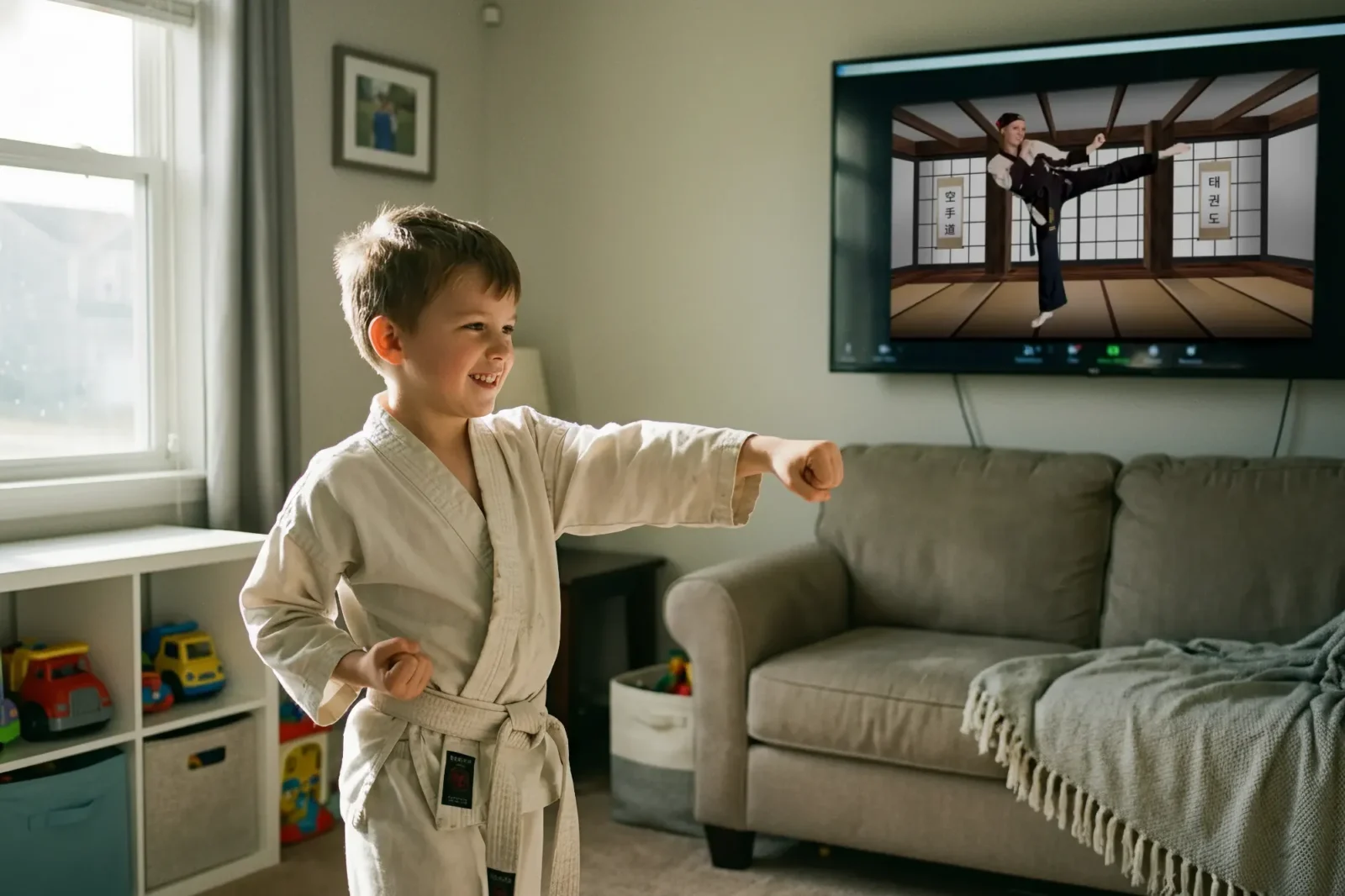 A boy in a white gi practices karate in his living room, smiling while watching his virtual instructor, Katie, demonstrate a high kick on the TV screen.
