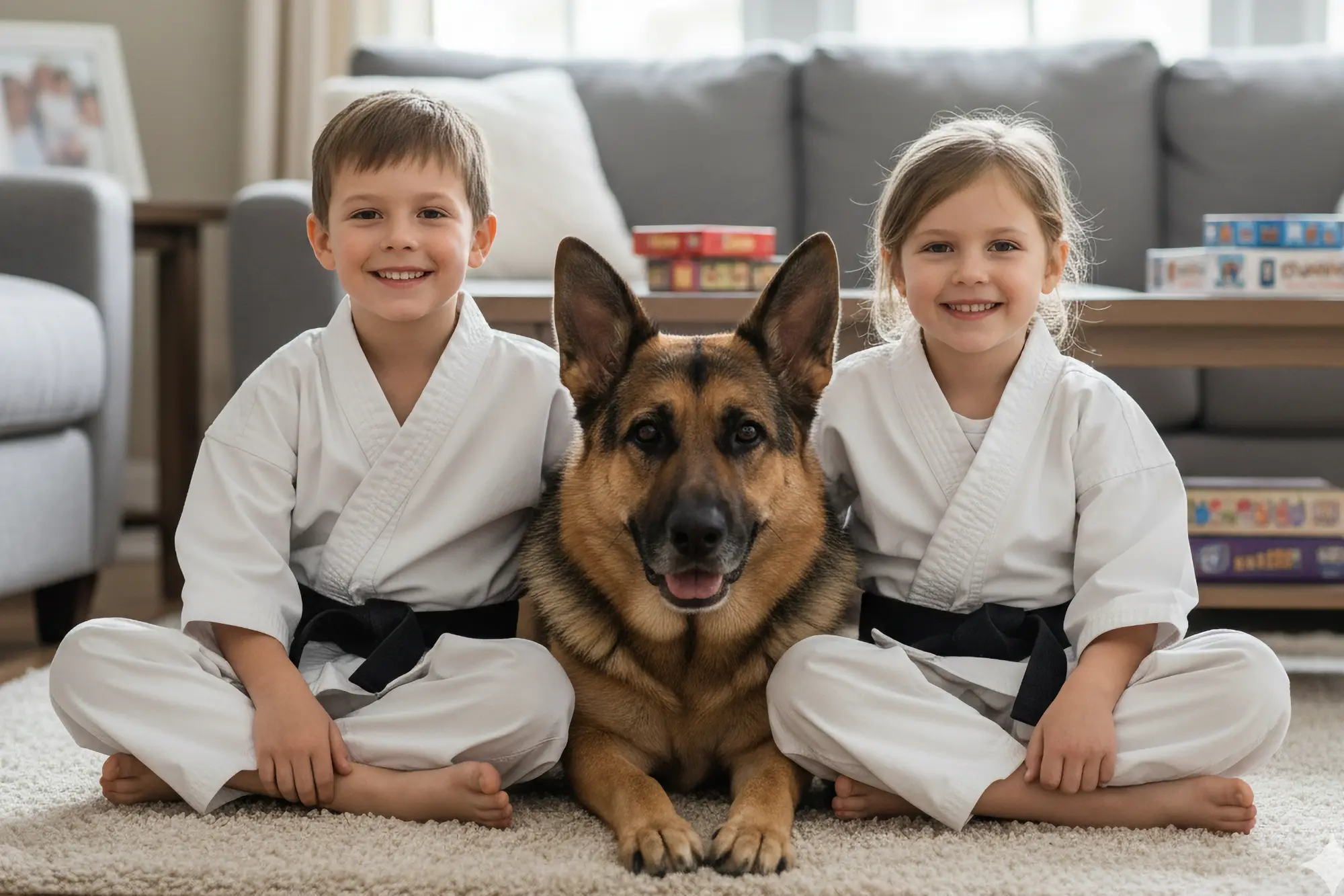 Two smiling siblings in white karate uniforms with black belts sit cross-legged on a rug in their living room, flanking a large German Shepherd dog.