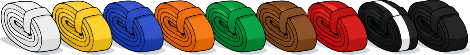 An illustration of nine rolled-up karate belts showing the ranking progression: white, yellow, blue, orange, green, brown, red, black with white stripe, and black.
