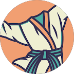 A stylized graphic icon showing a person's torso wearing a white martial arts uniform (gi) and a teal belt, mid-movement.