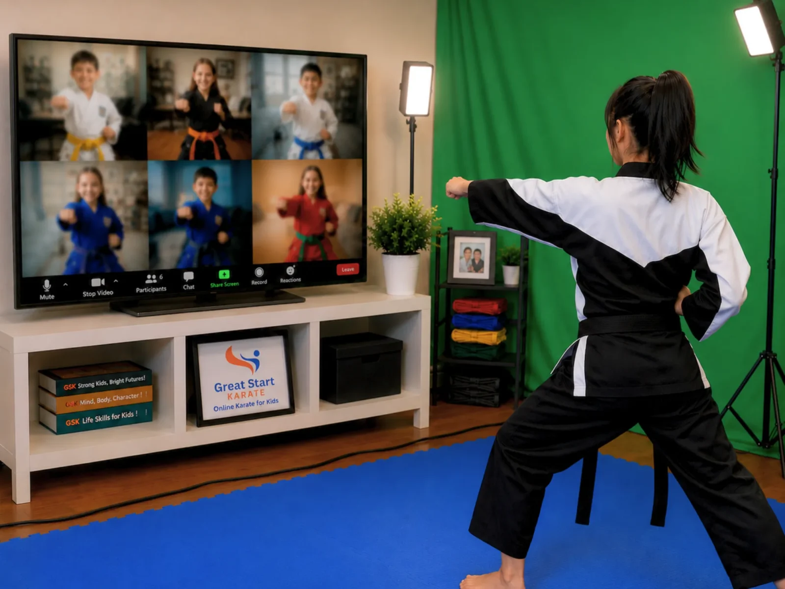 A person in a karate uniform leads an online class, striking a pose toward a screen showing six smiling children in gis practicing martial arts.