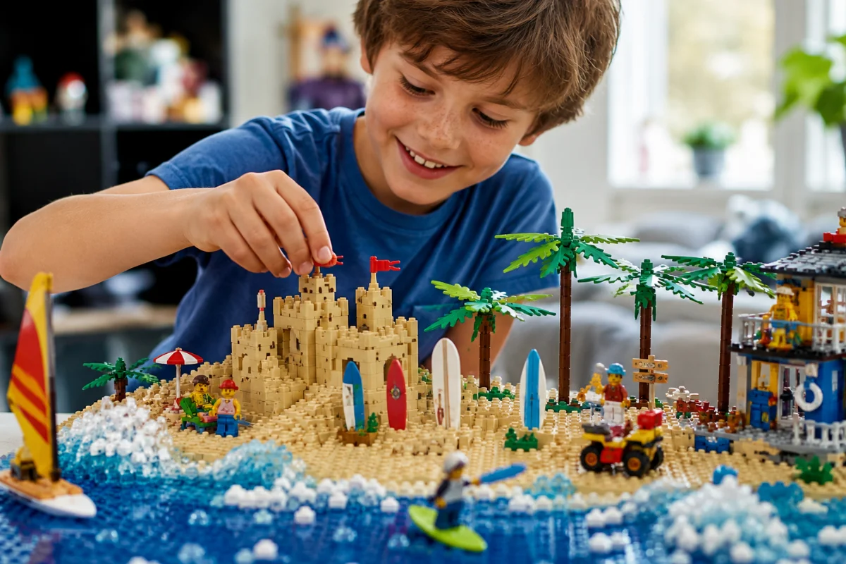 A boy with a wide, joyful smile places a piece onto a detailed LEGO beach set, featuring a brick sandcastle, palm trees, surfboards, and blue ocean waves.