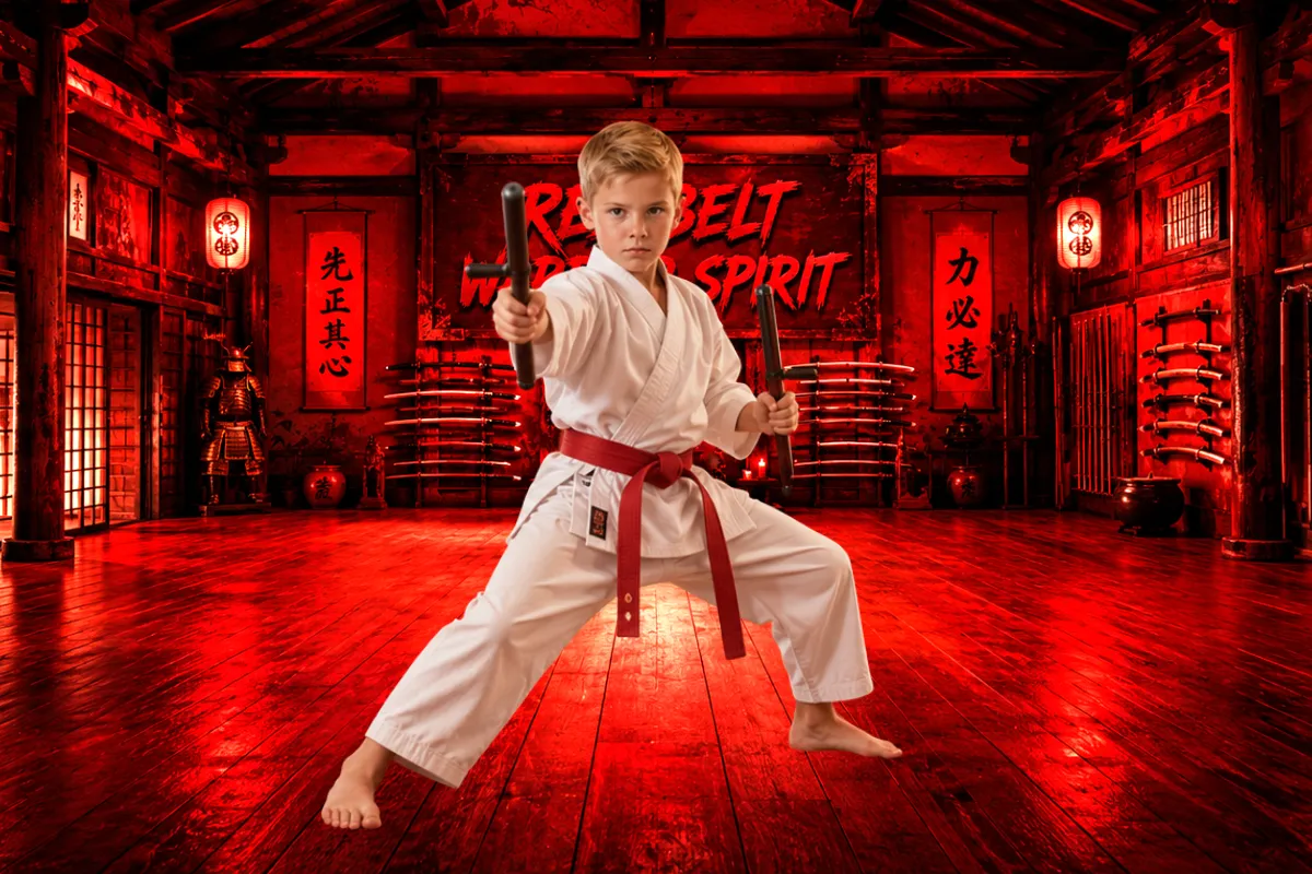 A young karate student with a red belt stands in a fighting stance holding two sai weapons in a dramatic red-lit dojo with a focused expression.