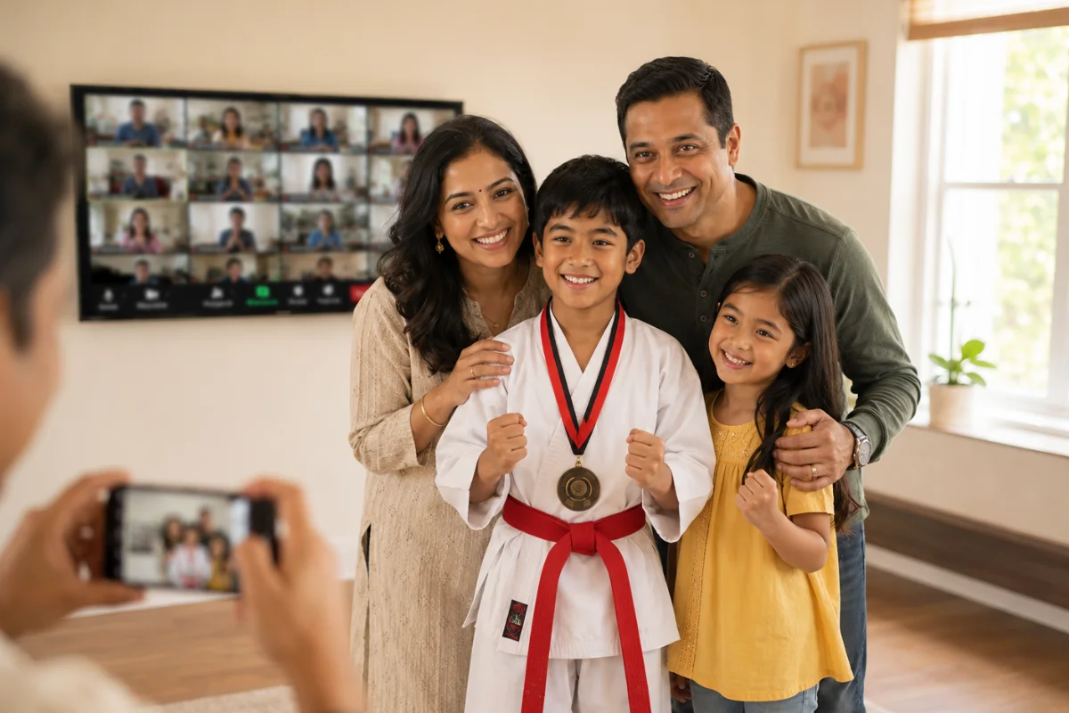 A happy family poses for a photo after a karate tournament. The son wears a white gi with a red belt and medal. They stand in front of a TV displaying a virtual meeting.
