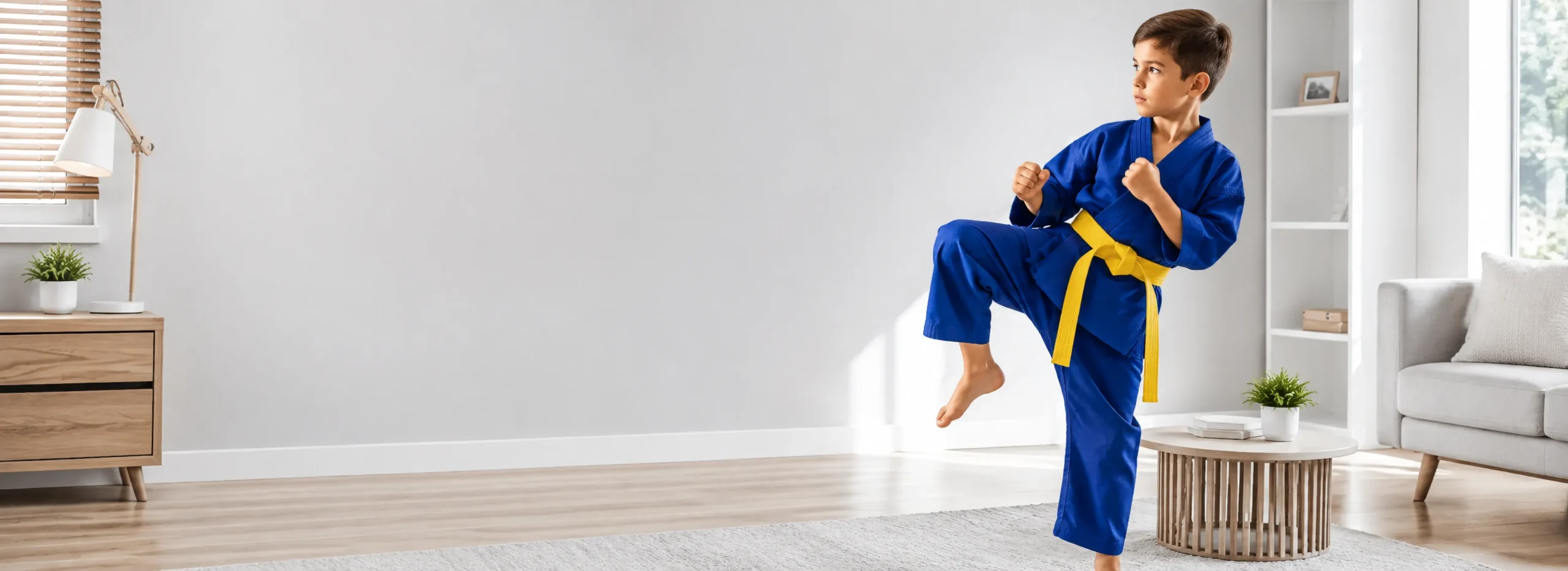 A determined boy in a blue karate gi and yellow belt stands in a raised-knee striking pose while practicing martial arts in his bright, modern living room.