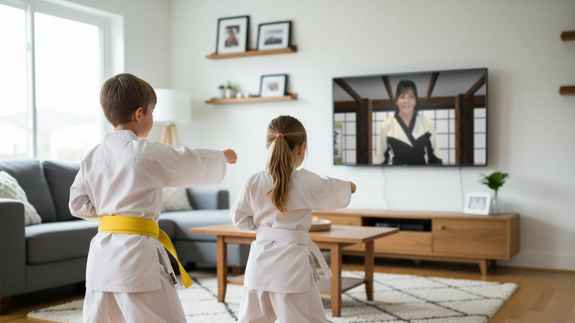 A boy with a yellow belt and a girl with a white belt practice karate in a bright living room, mimicking a smiling female instructor visible on their television.